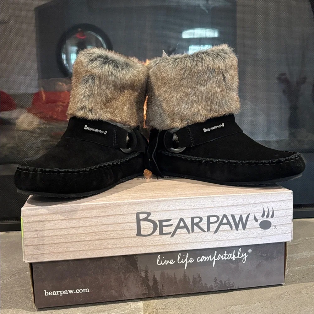 BEARPAW Monet Never Wet,Suede,rabbit fur,wool blend lined sheepskin footbed